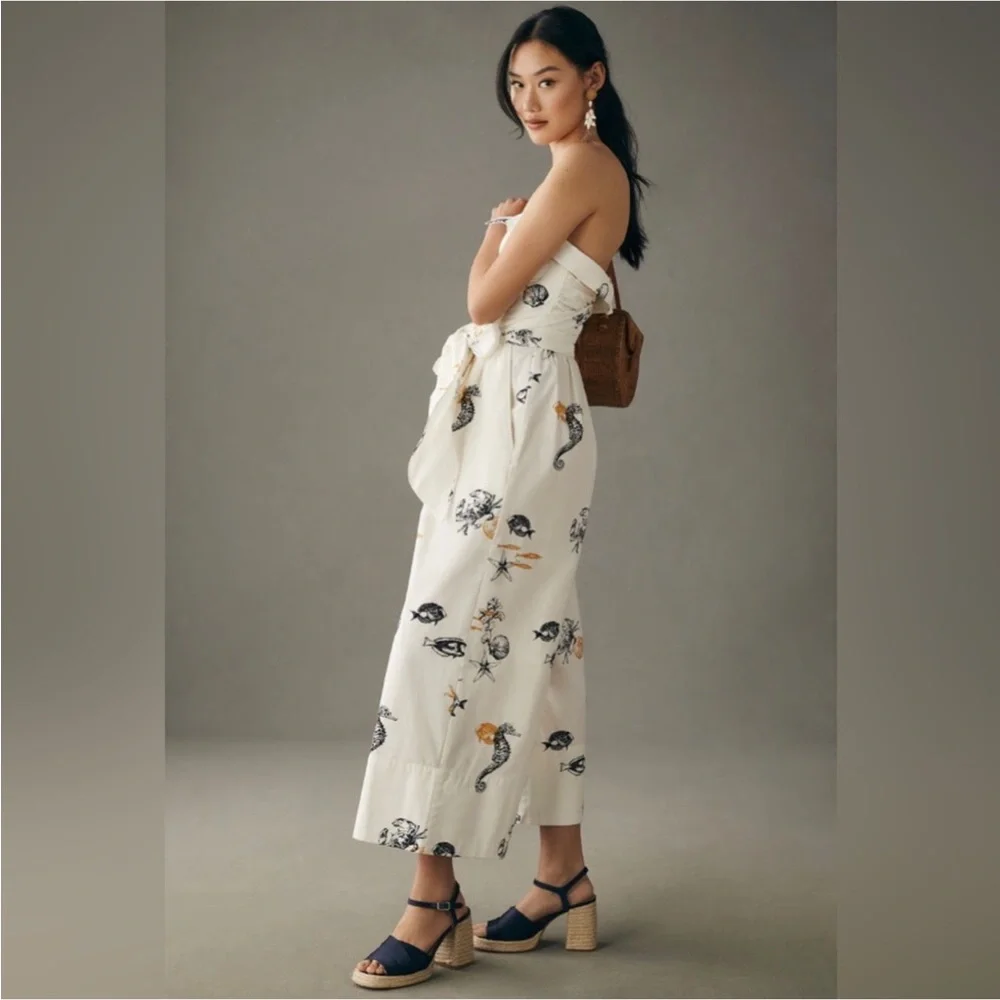 Anthropologie Maeve Sea Creatures Strapless Buttondown Wide-Leg Jumpsuit - Picture 4 of 16